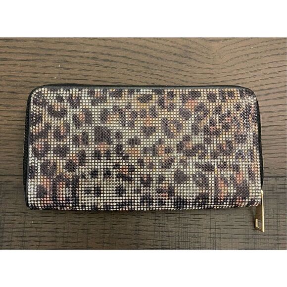Vegan Leather and Rhinestone Zippered Wallet Featuring Cheetah Print - Picture 1 of 10